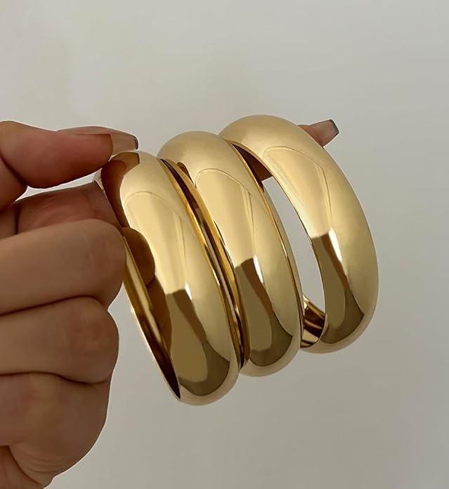 Chunky Gold Bangle Bracelets for Women, Dainty 14k Gold Plated Big Stackable Bangles Set, Trendy Cuff Bracelet Stack Fashion Jewelry Gifts