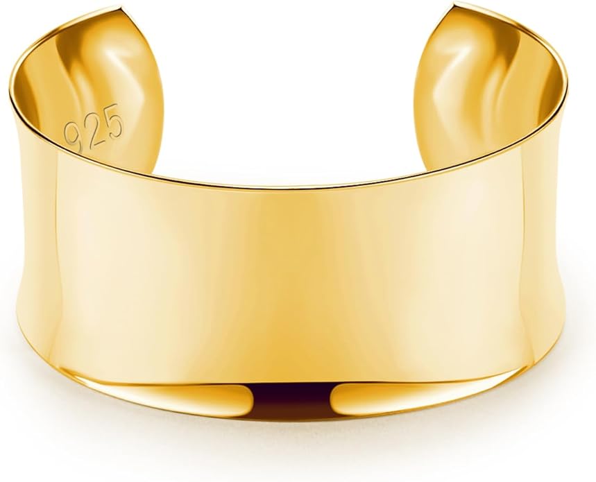 Dankadi Women 925 Sterling Silver Curved Bangle 30MM Wide Grooved Cuff Bangle Shiny Punk Open Bracelet Adjustable Plated 24k Gold/Rose Gold Jewelry Gift