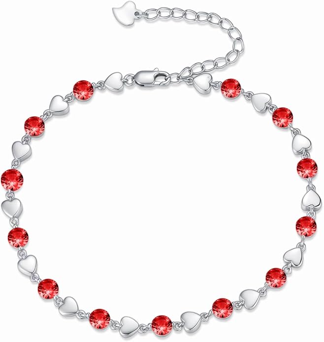 Birthstone Charm Link Bracelet 925 Sterling Silver Rose/Heart/Mom Bracelet with 12 Months Birthstone Mother's Day Gift Jewelry Gifts for Women,Chain Length 7"+2" Extend