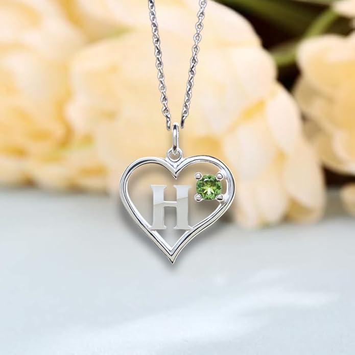 Silver Sterling Necklace Initial Letter A-Z Birthstone for Women – Personalized Custom Jewelry Pendant with Heart Design Customized Dainty Charm for Wife Girlfriend Mom – 18" Box Chain