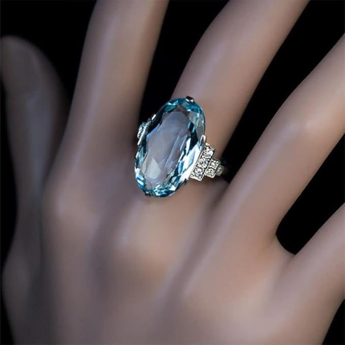 925 Silver Super Flash Oversized Oval Blue Crystal Ring Found Diamond Ring Found Female Jewelry Earrings (US Code 8)
