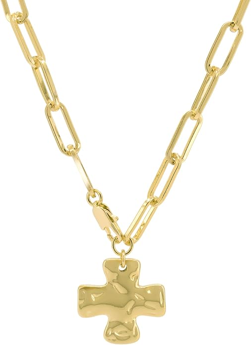 Gold Chunky Cross Necklace for Women - Statement Layered Hammered Cross Pendant Jewelry with Vintage Toggle Clasp, Bold Paperclip Chain Necklace Gift for Her
