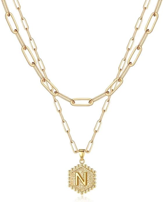 M MOOHAM Valentines Gifts for Women Teen Girls, 14K-Gold-Plated Initial Necklaces for Women Cute Hexagon Letter Initial Necklace Layered Necklaces for Womens Teen Girl Valentines Jewelry Gifts
