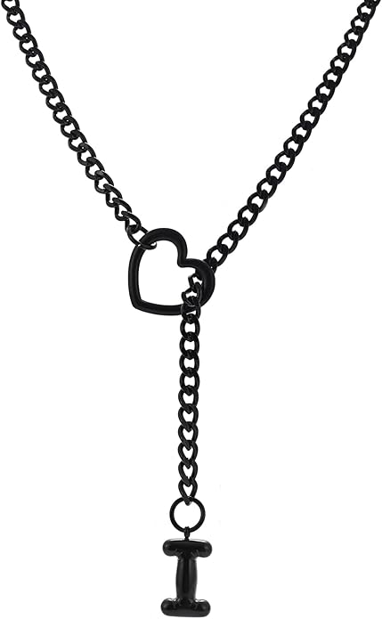 Black Heart Slip Chain Initial Necklaces for Women,Stainless Steel O-Ring Adjustable Lariat Heart Y-Necklace,Punk Gothic Cuban Collar Choker Necklace for women