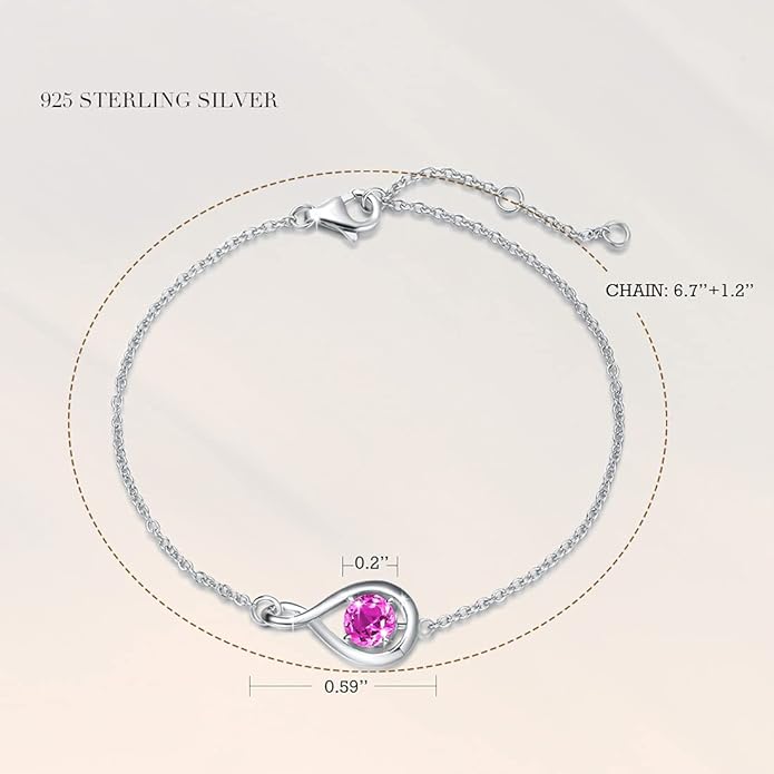 FANCIME Love Bracelet 925 Sterling Silver Infinity Birthstone Bracelets for Women Fine Jewelry Birthday Christmas Gifts for Her Mom Wife, Chain Length 6.7"+1.2" Extend