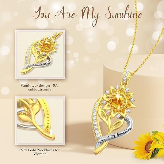 Sunflower Necklaces for Women,18K Gold Plated Heart Pendant Necklace Anniversary Birthday Gifts for Women Wife Gifts for Her You Are My Sunshine Necklace for Women Her Wedding Christmas