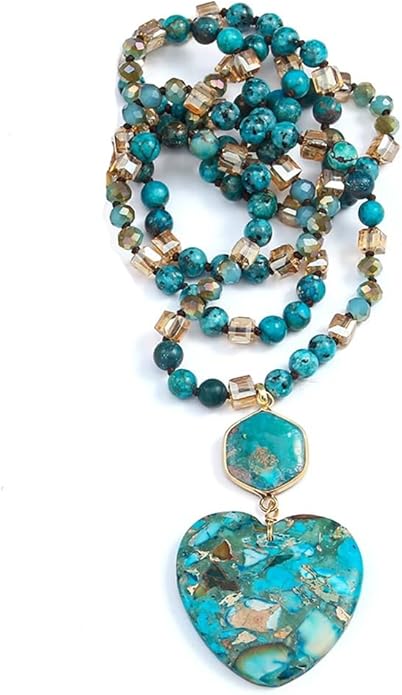 Yomisa Boho Necklaces for Women Men Long,33/34/35 Inch Natural Turquoise Tiger Eye Beaded Stone Pendant Necklaces for Women Trendy,Handmade Bohemian Western Bead Necklace Fashion Charm Jewelry Gift