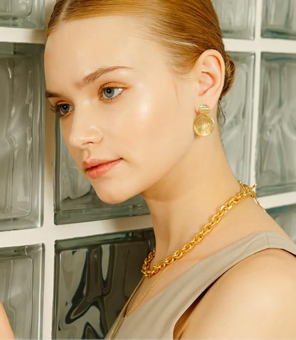 OZEL Gold Dangle Earrings for Women Brushed Finish, Matte Gold Statement Jewelry, 14k Gold Plated