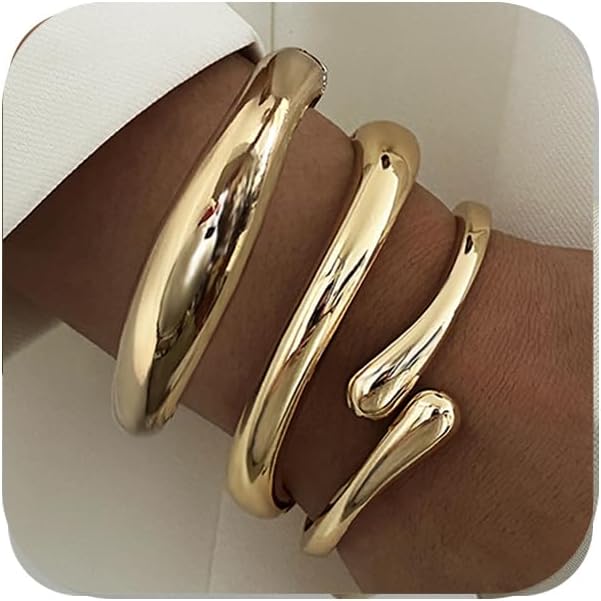 Chunky Gold Bangles Bracelets for Women Gold Cuff Bracelet Set Waterproof Non Tarnish Stack Bracelet for Women Gifts