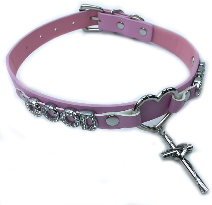 Succuba Handmade Heart Ring Rhinestone Letter Pu Leather Choker Collar Necklace for Women and Men