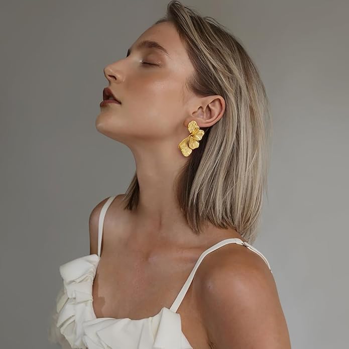 Chunky Gold Statement Earrings For Women Gold Plated Sectored Flower Leaf Shell Angel Wing Earrings Trendy Boho Jewelry For Women Large Stud Earrings Hypoallergenic Earrings