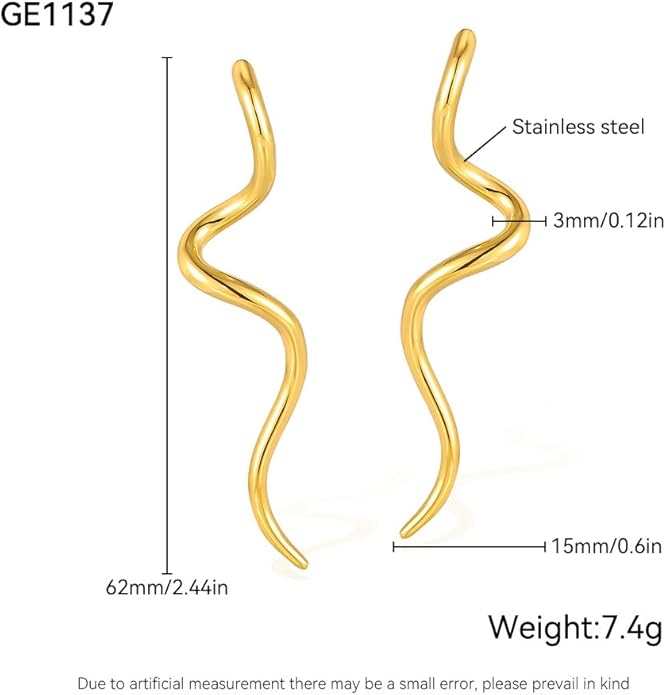 18K gold-plated women's earrings with fashionable wavy spiral shape made of stainless steel material, suitable for daily wear at gatherings