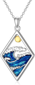 Ocean Necklace，Women's Wave Pattern Pendant Necklace ，Silver Tone Chain with Blue Enamel ，Beach Jewelry for Women,Adjustable Length Fashion Jewelry for Daily/Party Wear（18-20 inch）