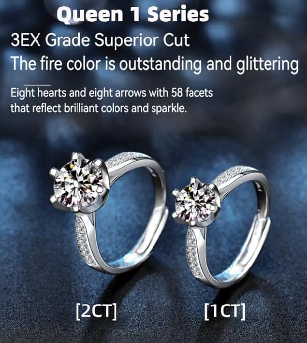 1CT/2CT Queen series moissanite ring, 952 silver, D-color VVS1-2,open rings,adjustable rings for women，Diamond ring substitute, ring for women.