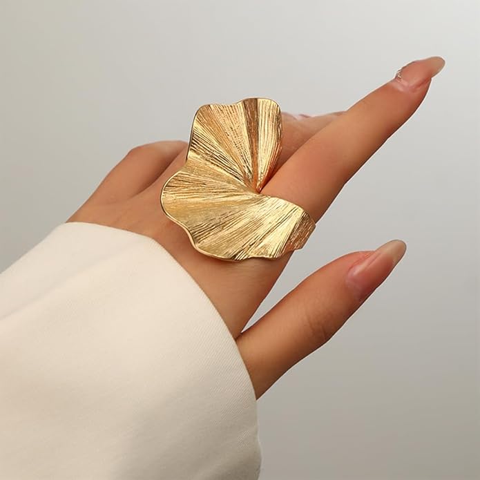 Chunky Gold Geometric Flower Knuckle Ring for Women Vintage Ginkgo Leaf Fan Shaped Finger Rings Boho Large Statement Jewelry Floral Petal Accessories