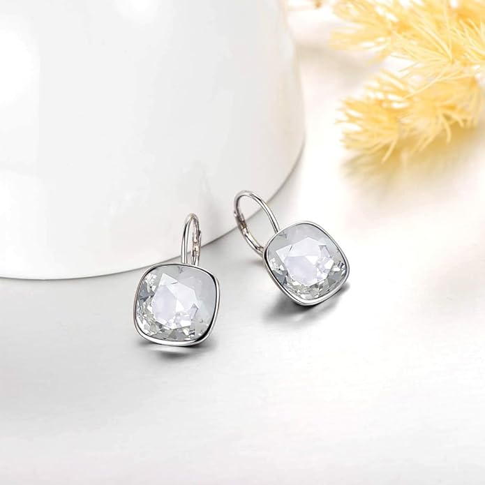 AOBOCO Sterling Silver Leverback Earrings Embellished with Crystals from Austria, Hypoallergenic Cushion Cut Square Crystal Earrings, Fine Anniversary Birthday Jewelry Gifts for Women