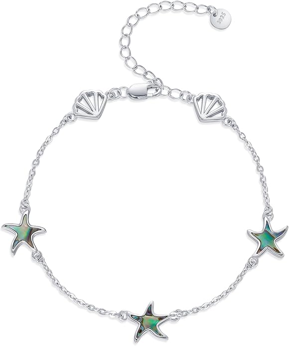 Cuoka Abalone Starfish Bracelet for Women S925 Silver Plated Adjustable Shell Sea Beach Ocean Bracelet Summer Beach Jewelry