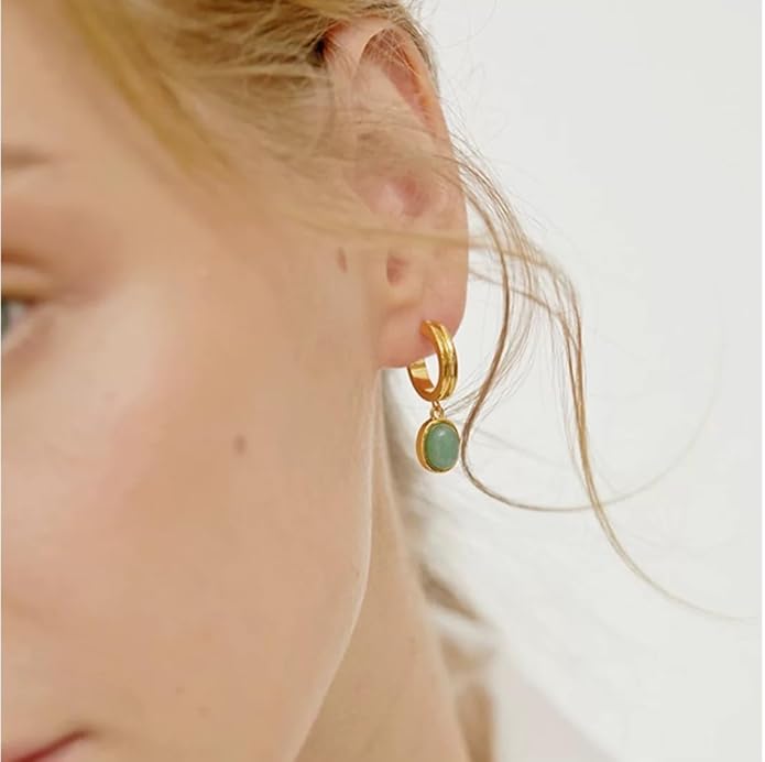 DISTANT DRUMS Simple Natural Green Aventurine Stone Jewelry Set for Women,Hoop Earrings,Bracelet,Necklace,18K Gold-plated Spiritual Gift,Fortunate Stone Jewelry,Choker