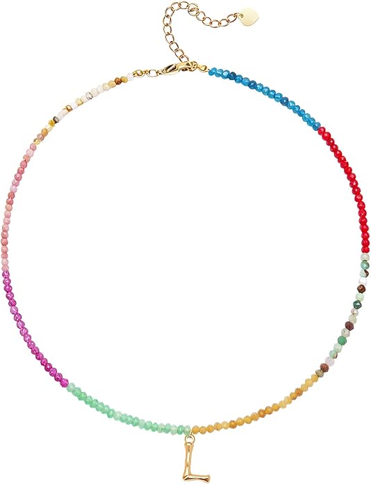 Beaded Initial Necklace for Women, Boho Natural Stone Semi-Precious Stone 18K Gold Plated Letter Pendant Rainbow Colorful Trendy Alphabet Dainty Choker Jewelry for Women Summer Beach Party