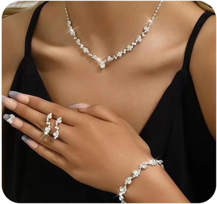 Bling Silver Jewelry Set for Women Trendy Wedding Jewelry Sets for Brides Sparkly Cubic Zirconia Necklace Earring Sets for Women Prom Accessories