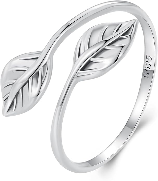 MUNDELL 925 Sterling Silver Simple Multi-layer Leaf Adjustable Ring Green Lucky Leaves Statement Ring for Women Promise Ring Fine Jewelry
