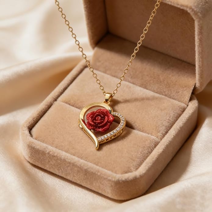 ONLYJUMP Rose Alloy Necklace for Women Heart Pendant Copper Zircon Light Luxury Fashion Jewelry Dainty Romantic Statement Necklace for Daily Wear Ideal Valentine's Day Anniversary Birthday Gift