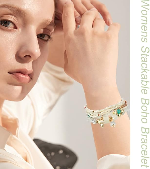 8 Sets Bohemian Stackable Bead Bracelets for Women Bohemian Bracelets Stretch Multi Layered beads Bracelet Set Boho Multicolor Jewelry