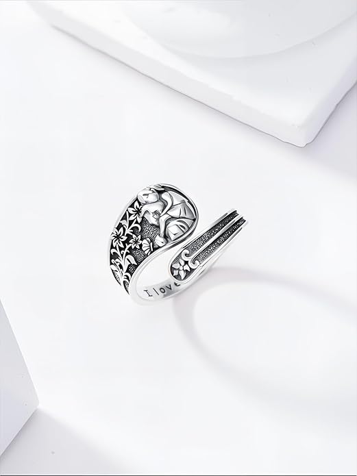 Midari Sun and Moon/Bee/Celtic/Life of Tree/Lotus Spoon Ring for Women 925 Sterling Silver Adjustable Ring Open Ring for Women Men Halloween Birthday Gift
