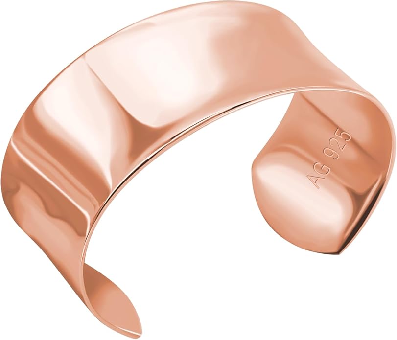 Dankadi Women 925 Sterling Silver Curved Bangle 30MM Wide Grooved Cuff Bangle Shiny Punk Open Bracelet Adjustable Plated 24k Gold/Rose Gold Jewelry Gift
