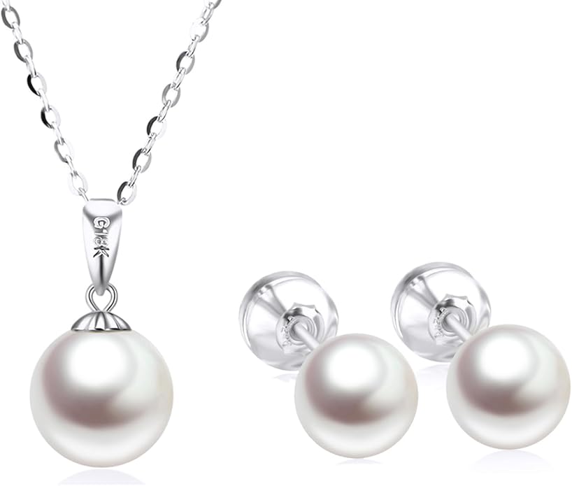 SISGEM 18k White Gold Pearl Pendant Necklaces with 14k Chain, 18k Gold Pearl Earrings Set for Women
