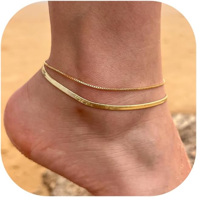 Risamil 14K Gold Plated Ankle Bracelets for Women, Anklets for Women Waterproof Layered Ankle Bracelets for Women Teen Girl Herringbone Anklet Set Summer Foot Jewelry Gifts