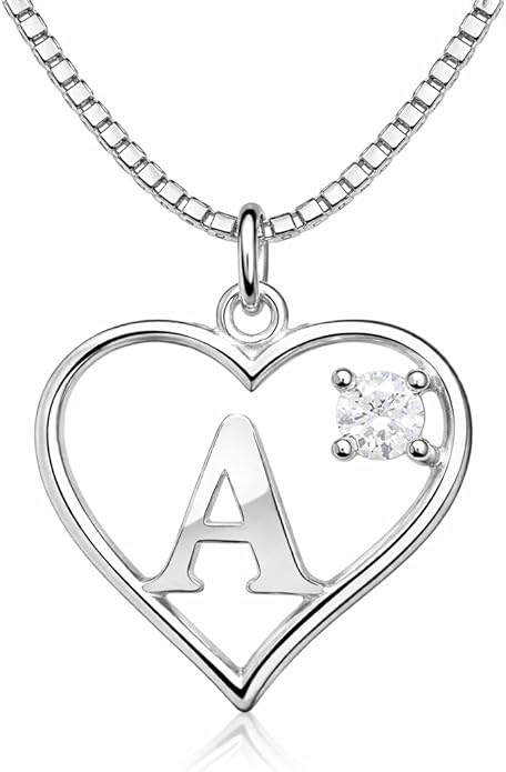 Silver Sterling Necklace Initial Letter A-Z Birthstone for Women – Personalized Custom Jewelry Pendant with Heart Design Customized Dainty Charm for Wife Girlfriend Mom – 18" Box Chain