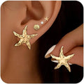 14K Gold Plated Shell Starfish Dainty Pearl Earrings for Women Trendy 4 Pairs Summer Beach Vacation Earrings for Women Ocean Jewelry Valentine's Jewelry Gifts