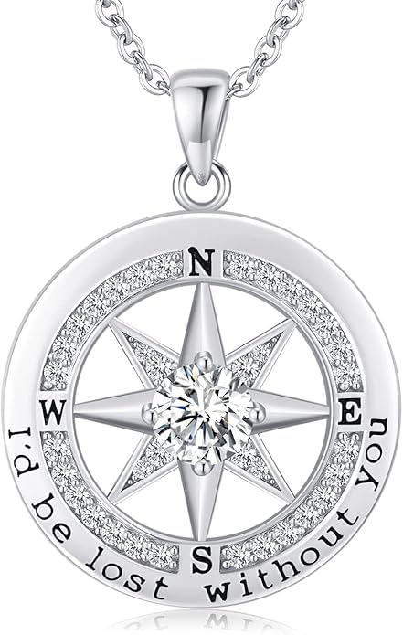 Compass Necklace for Women Wife Girlfriend Mom Daughter Gifts S925 Sterling Silver Jewelry For Anniversary Rose Gold Gifts For Birthday Christmas Mothers Valentines Day 12 Birthstones