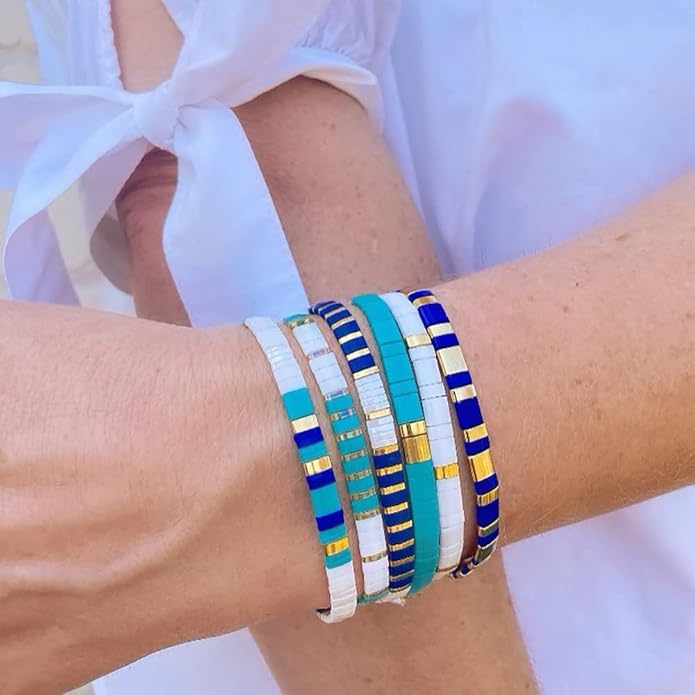 Sonateomber Tila Flat Beaded Stretch Bracelets for Women, Trendy Unique Colorful Square Beads Handmade Stack Bracelet Friendship Accessories Fashion Jewelry Gift