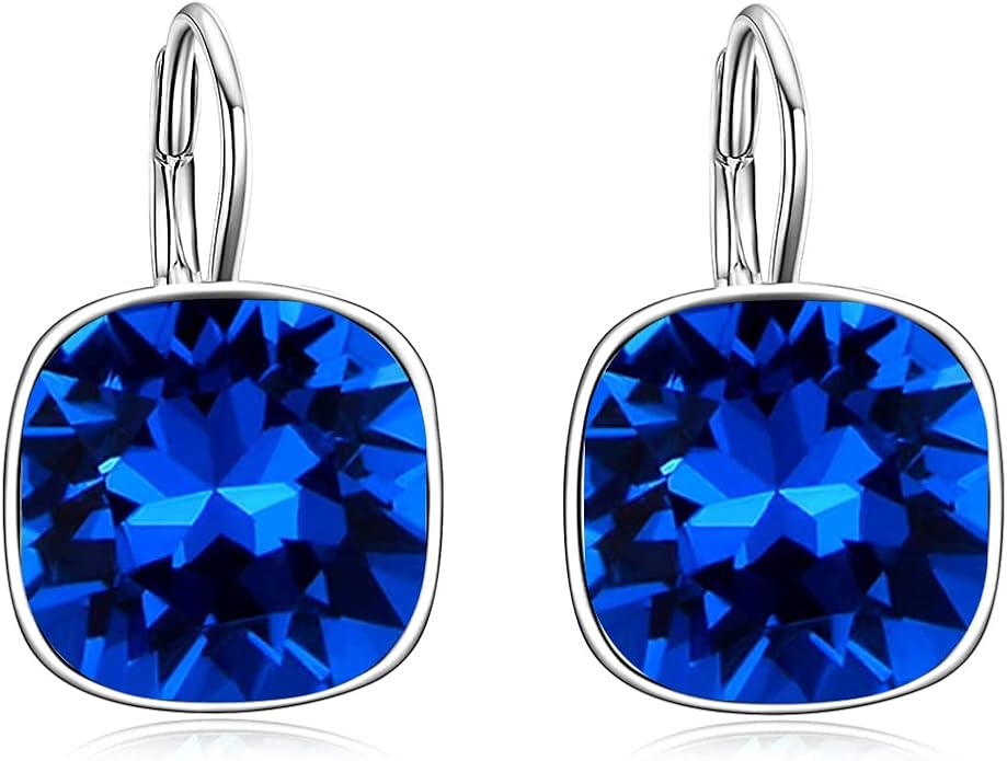 AOBOCO Sterling Silver Leverback Earrings Embellished with Crystals from Austria, Hypoallergenic Cushion Cut Square Crystal Earrings, Fine Anniversary Birthday Jewelry Gifts for Women