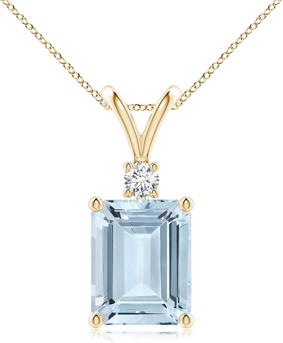Angara Natural Aquamarine Solitaire Pendant for Women | Emerald-Cut Aquamarine Pendant with Diamond in 14K Solid Gold/Silver/Platinum With 18" Chain | March Birthday, Gemstone Jewelry Gift