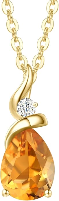 FANCIME 14K Solid Yellow Gold Birthstone Pendant Necklace for Women with Diamond Pear Shaped Teardrop Necklace Birthday Gifts for Mom Women Sterling Silver Chain 16" + 2" Extender