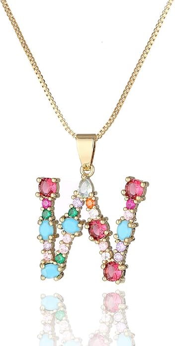 Eben-Ezer 18K Gold Box Chain Choker Initial Necklace Multi-Color Zircon Letter Pendant Script Name Custom Necklace for Women Gift Alphabet 26 A-Z