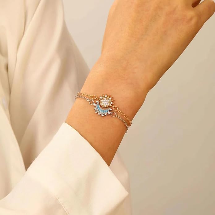PINK TOWN Sun Moon Bracelet Set Stackable Bracelet for Women Men Sparkling Gold Sun Ring/Blue Moon Bracelet Couple Bracelet Matching Bracelet as Friendship Best Friend Jewelry for Women Men