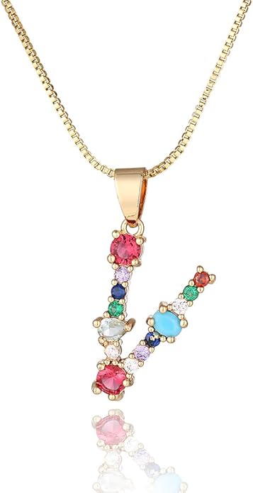Eben-Ezer 18K Gold Box Chain Choker Initial Necklace Multi-Color Zircon Letter Pendant Script Name Custom Necklace for Women Gift Alphabet 26 A-Z