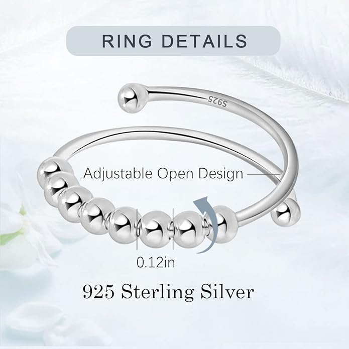 Vito 925 Sterling Silver Fidget Anxiety Ring for Women, Adjustable Open Spinner Ring Stress Relief Ring Stacking Band Anillos Jewelry Gift for Mom Daughter