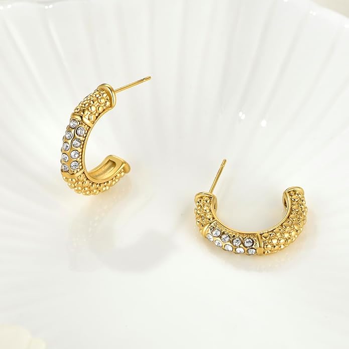 Gold Earrings for Women Girls,14K Gold Plated Hoop Earrings with 925 Sterling Silver Post Cubic Zirconia Stud Earring Huggie Hoops Earrings