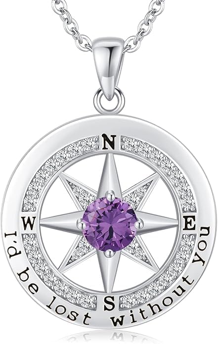 Compass Necklace for Women Wife Girlfriend Mom Daughter Gifts S925 Sterling Silver Jewelry For Anniversary Rose Gold Gifts For Birthday Christmas Mothers Valentines Day 12 Birthstones