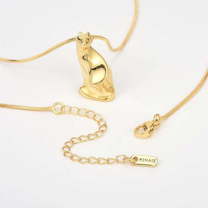 Renaiz Egyptian Gold Cat Necklace for Women - 14K Gold Plated Ancient Egypt Inspired Dainty Sitting Kitty Pendant, Bastet Charm, Hypoallergenic Cat Lover Gifts, Ultimate Elegance for Ailurophile Meow