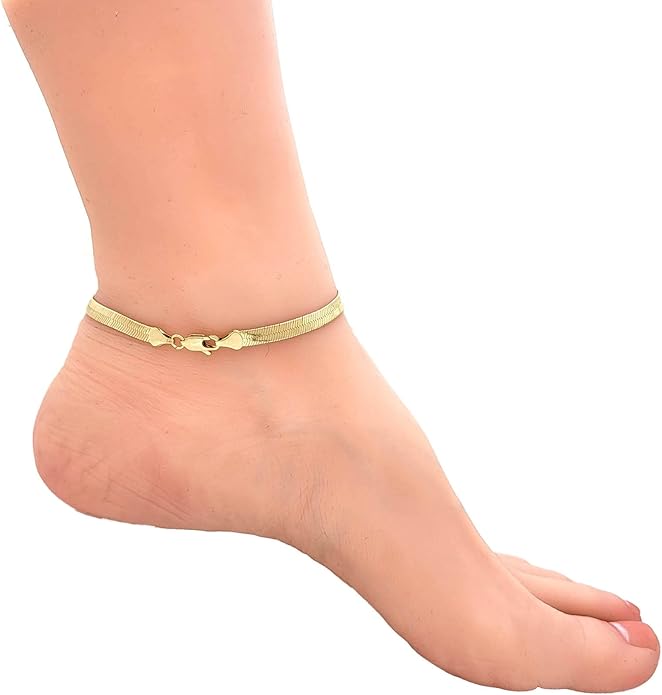 Gold Electroplated Anklet for Women, 9-12 Inch Sizes, Figaro, Cuban, Mariner, Herringbone Design - Made in Korea
