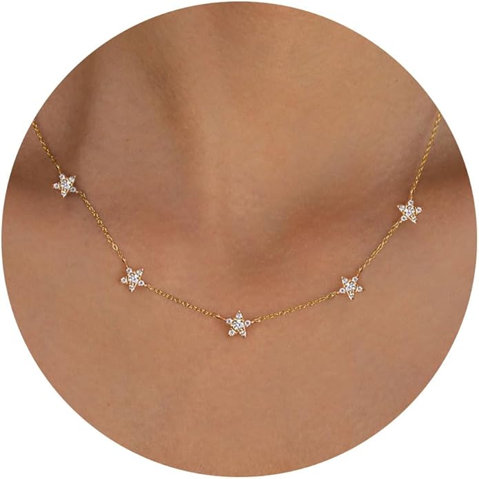 VRIUA Necklaces for Women - 14K Gold/Silver Plated Dainty Chain Necklace with Five Charms: Diamond, Bow, Snowflake, Cross, Flower, Clover, Butterfly, Heart, Star of David, and Star Trendy Jewelry