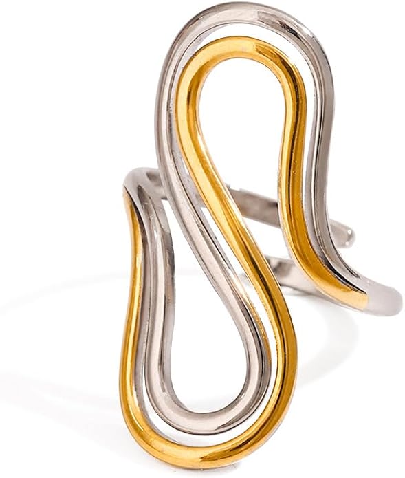 Chunky Rings For Women, Gold Silver Thumb Ring Asymmetrical Wavy Curve Ring Adjustable Non Tarnish Dainty Stainless Steel New Year Anniversary Birthday Jewelry Gift
