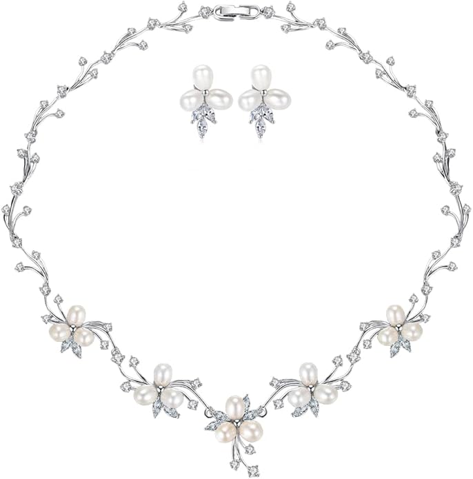 14K Gold & Freshwater Pearl Jewelry Set, Natural Crystal Necklace & Pearl Dangle Earrings, Luxury Bridal/Wedding Fashion Accessory