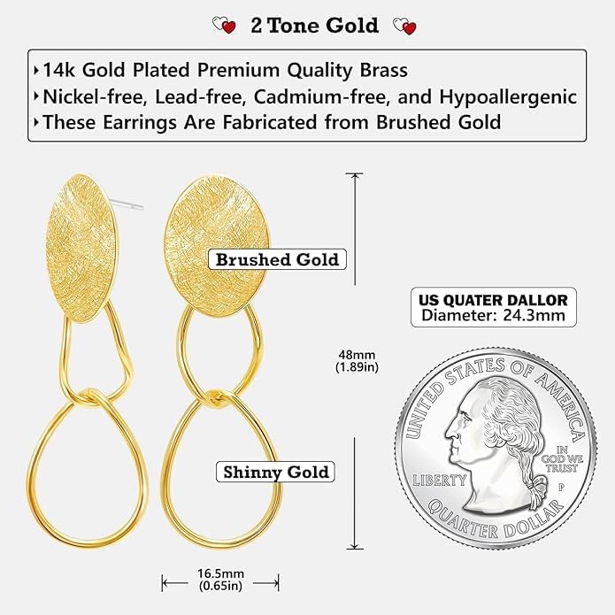 OZEL Gold Dangle Earrings for Women Brushed Finish, Matte Gold Statement Jewelry, 14k Gold Plated
